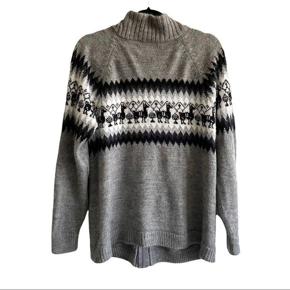 LAMA LUX Peru Wool Zip Front Knit Cardigan Sweater Jacket Gray Black White M/L - Picture 4 of 8